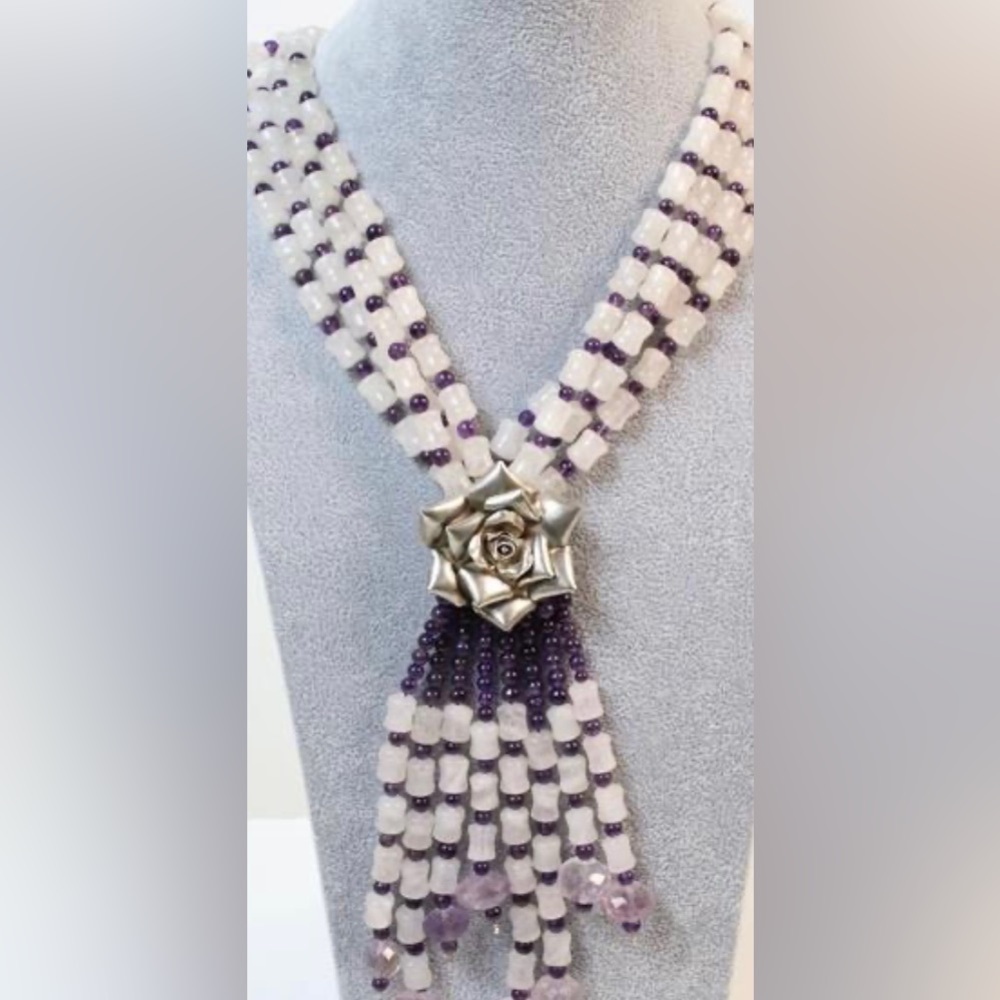 Amethyst and Quartz Necklace W SS Bow